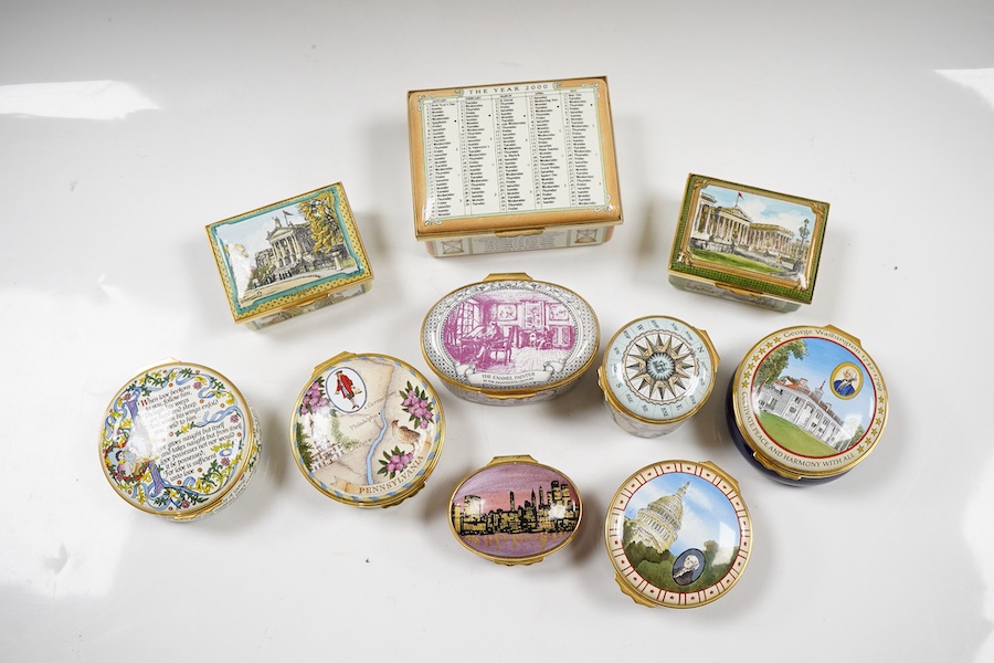 A group of ten Halcyon Days enamel boxes, mostly USA related